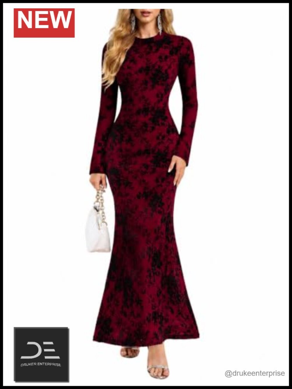 Floral Tulle Maxi Dress Mesh Long Sleeve Formal Wedding Guest Gown